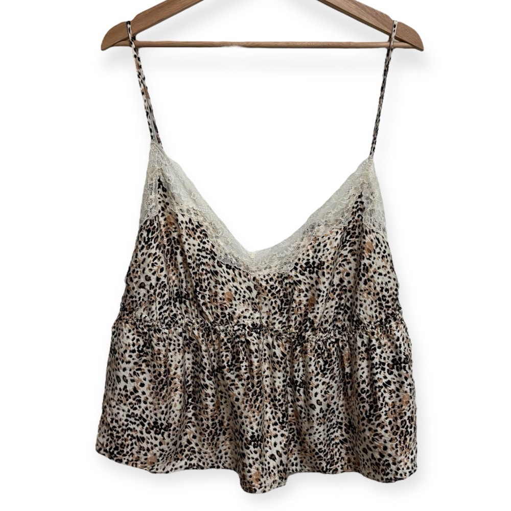 Aerie Off Duty Satin Flirty Tank Cami Leopard Print Lace Trim XL